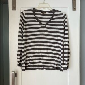 Tommy Bahama Gray and White Striped V-Neck Top